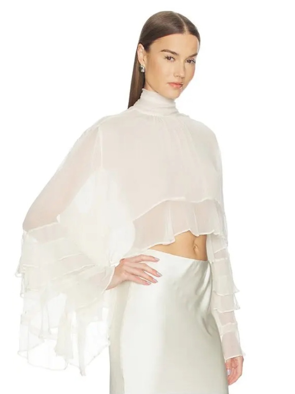 LOBA zoe ruffle blouse off white sheer Long Sleeve cream crop Revolve NWT L